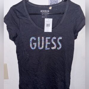 GUESS Women's Glitter Logo Black Tee